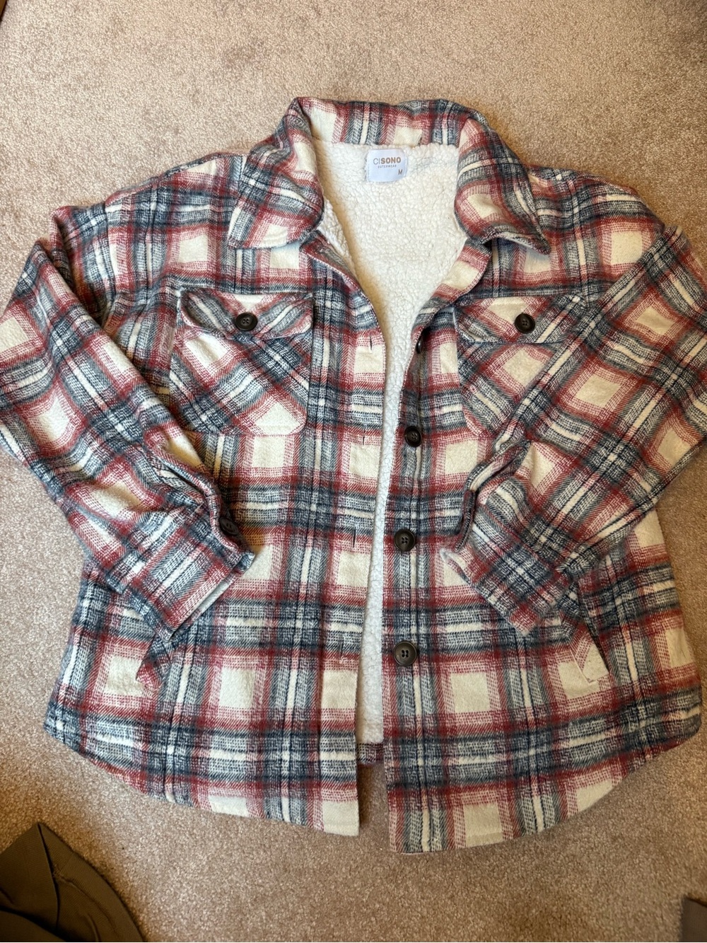 Cozy Sherpa-Lined Plaid Shacket - Red, Cream & Gray